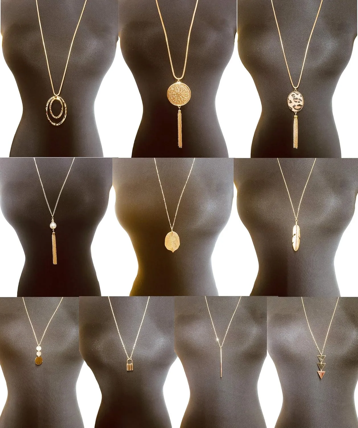 10Pcs Long Pendant Necklace Simple Moon Bar Three Triangle Tassel Lock Sweater Y Shape Punk Chain Choker Necklace for Women Men Gold Silver Tone
