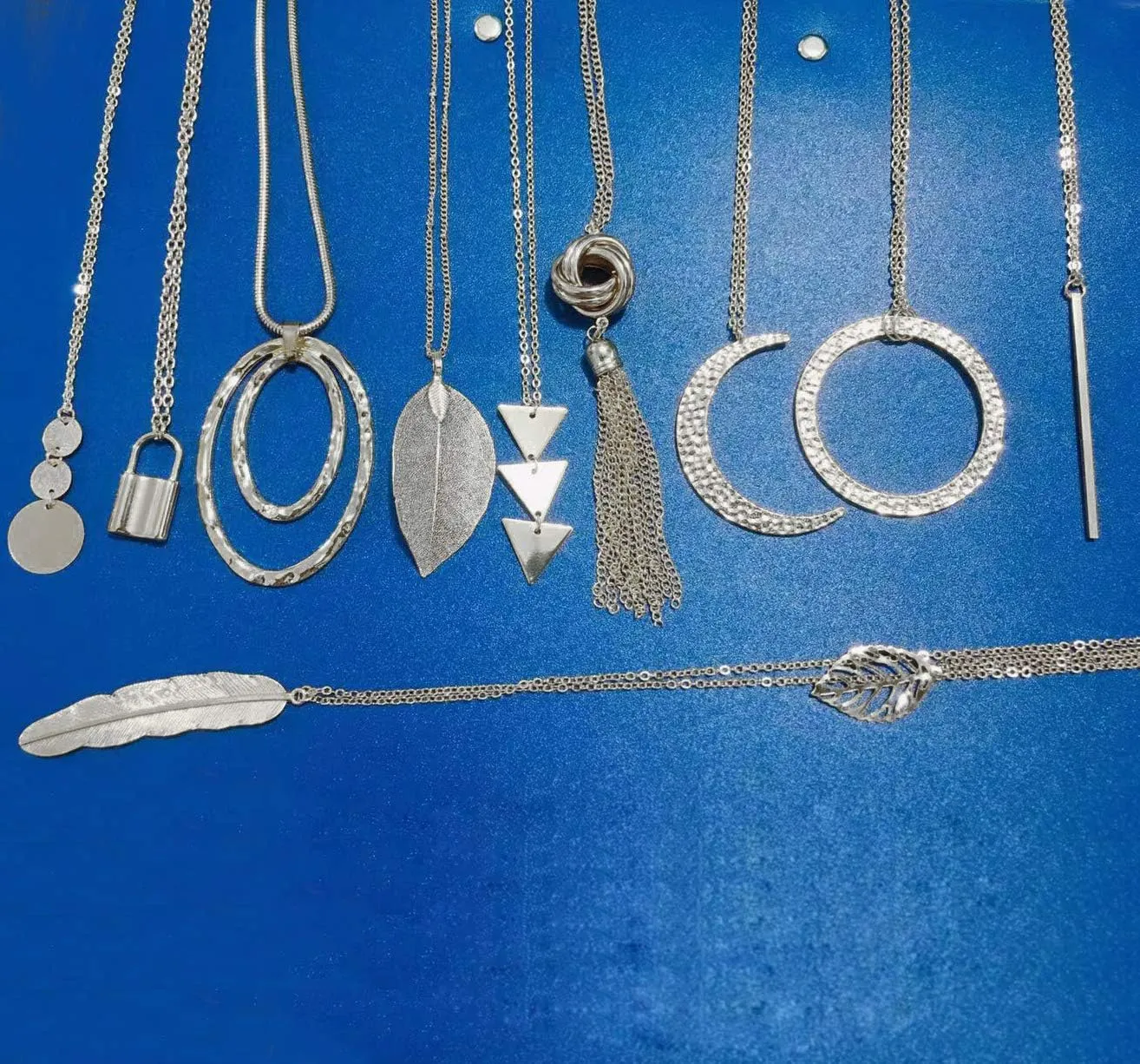 10Pcs Long Pendant Necklace Simple Moon Bar Three Triangle Tassel Lock Sweater Y Shape Punk Chain Choker Necklace for Women Men Gold Silver Tone
