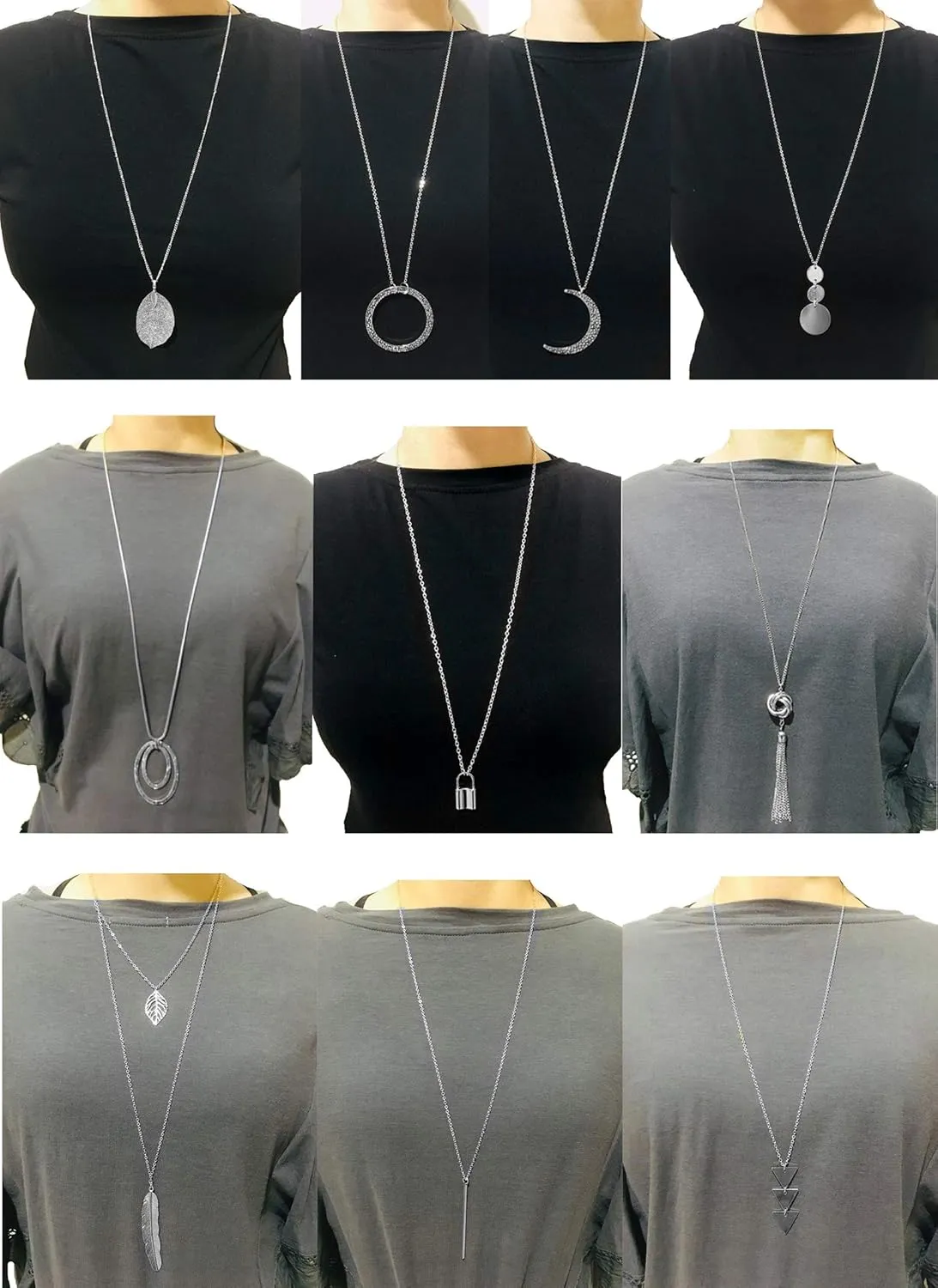 10Pcs Long Pendant Necklace Simple Moon Bar Three Triangle Tassel Lock Sweater Y Shape Punk Chain Choker Necklace for Women Men Gold Silver Tone