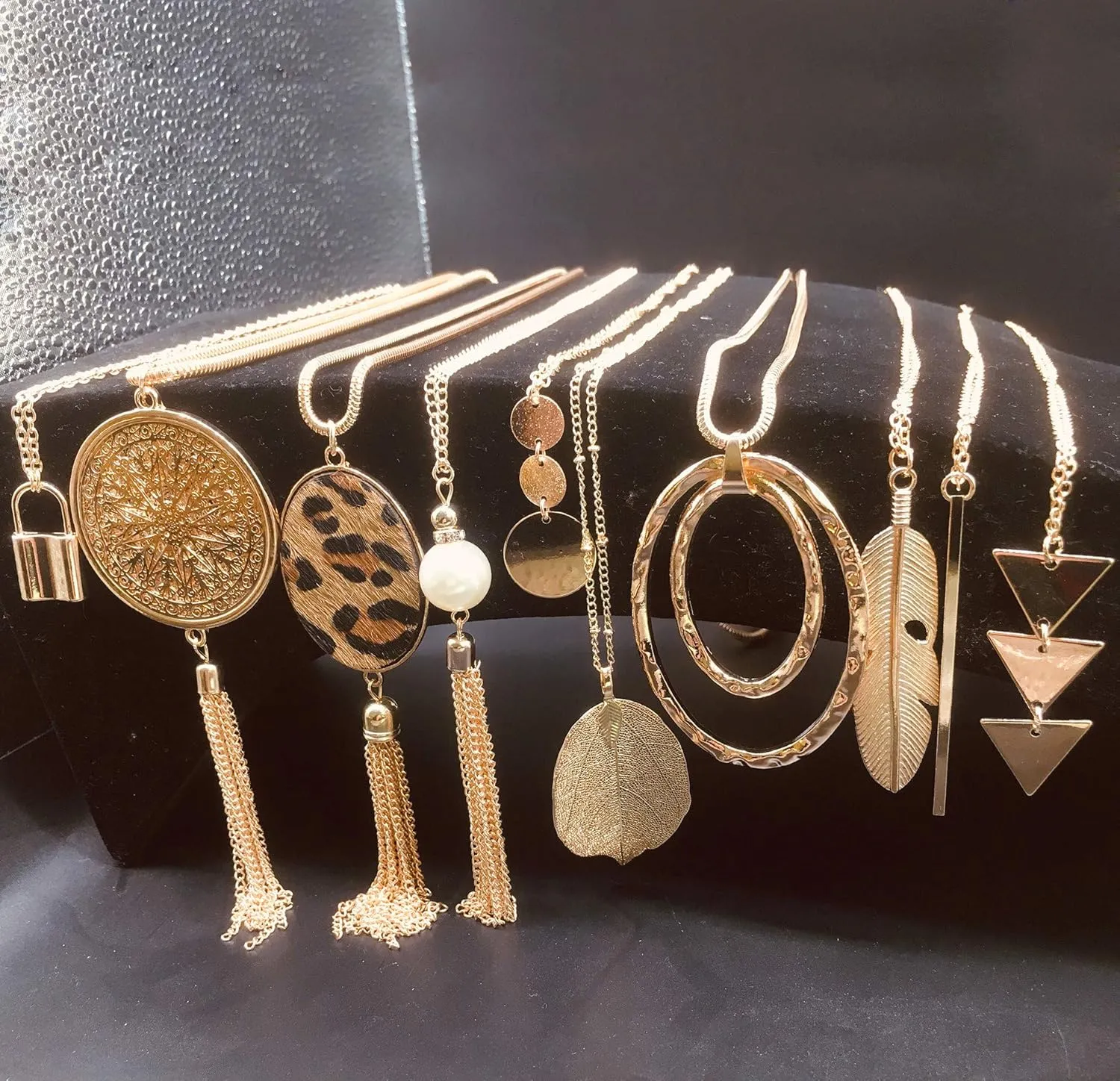 10Pcs Long Pendant Necklace Simple Moon Bar Three Triangle Tassel Lock Sweater Y Shape Punk Chain Choker Necklace for Women Men Gold Silver Tone