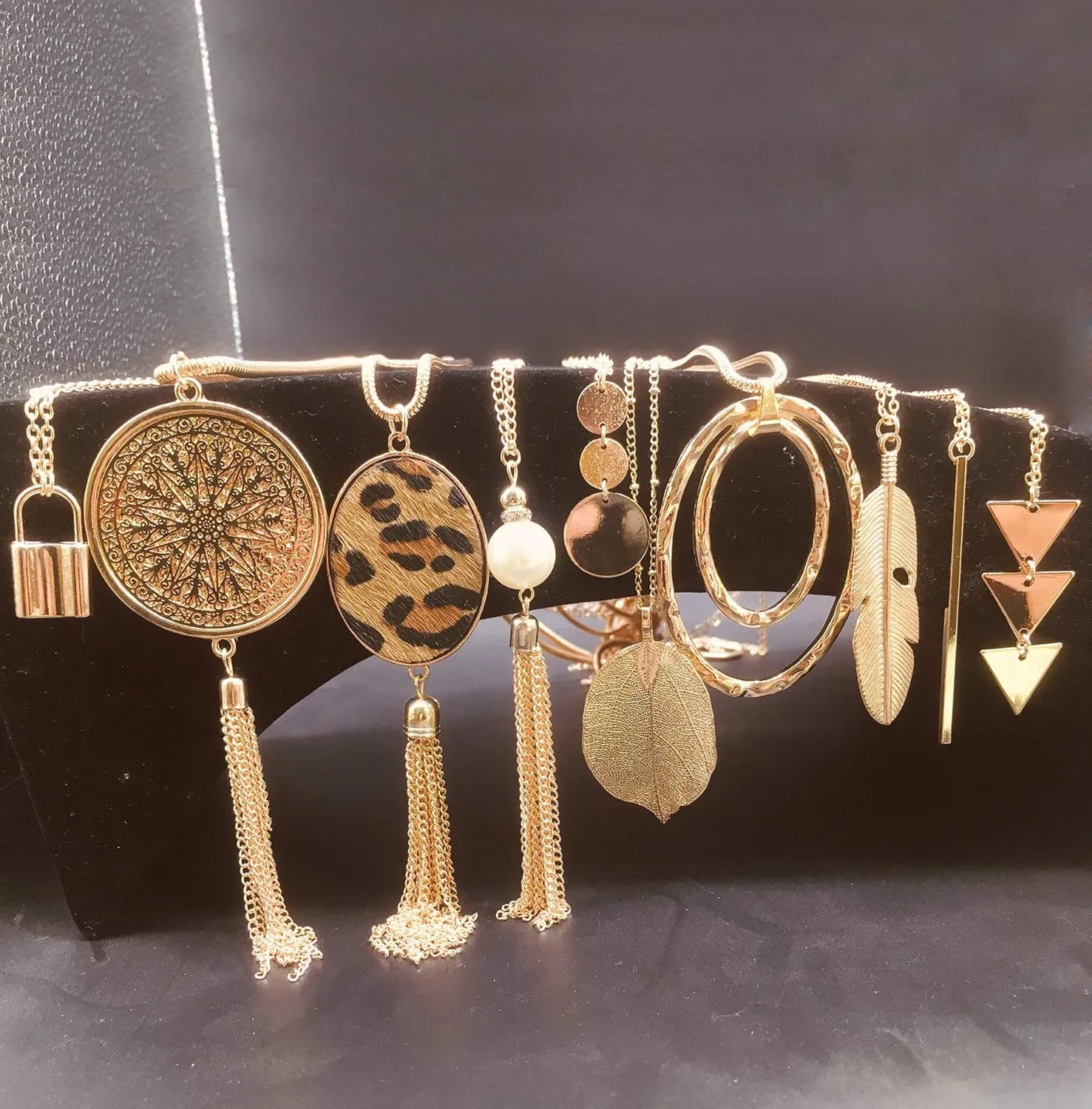 10Pcs Long Pendant Necklace Simple Moon Bar Three Triangle Tassel Lock Sweater Y Shape Punk Chain Choker Necklace for Women Men Gold Silver Tone