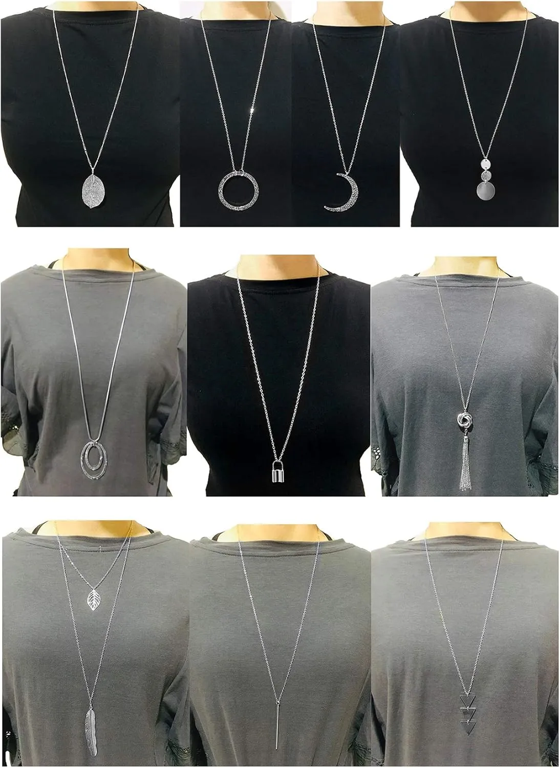 10Pcs Long Pendant Necklace Simple Moon Bar Three Triangle Tassel Lock Sweater Y Shape Punk Chain Choker Necklace for Women Men Gold Silver Tone