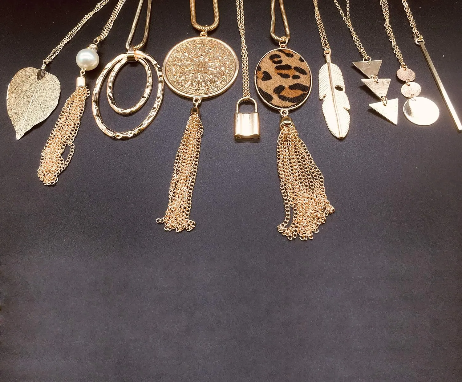 10Pcs Long Pendant Necklace Simple Moon Bar Three Triangle Tassel Lock Sweater Y Shape Punk Chain Choker Necklace for Women Men Gold Silver Tone