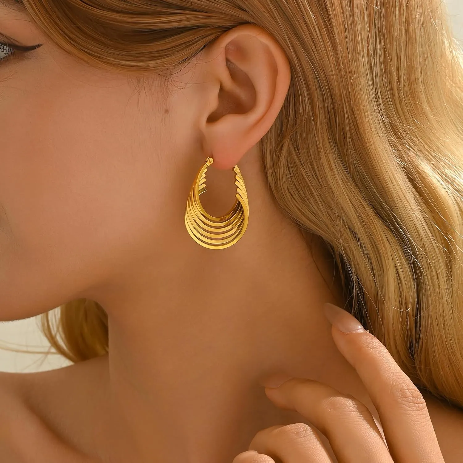 18K Gold Plated Chunky Geometric Irregular Hoop Earrings for Women Stainless Steel Vintage Twist Hoop Earrings Hypoallergenic Statement Dangle Earrings Jewelry