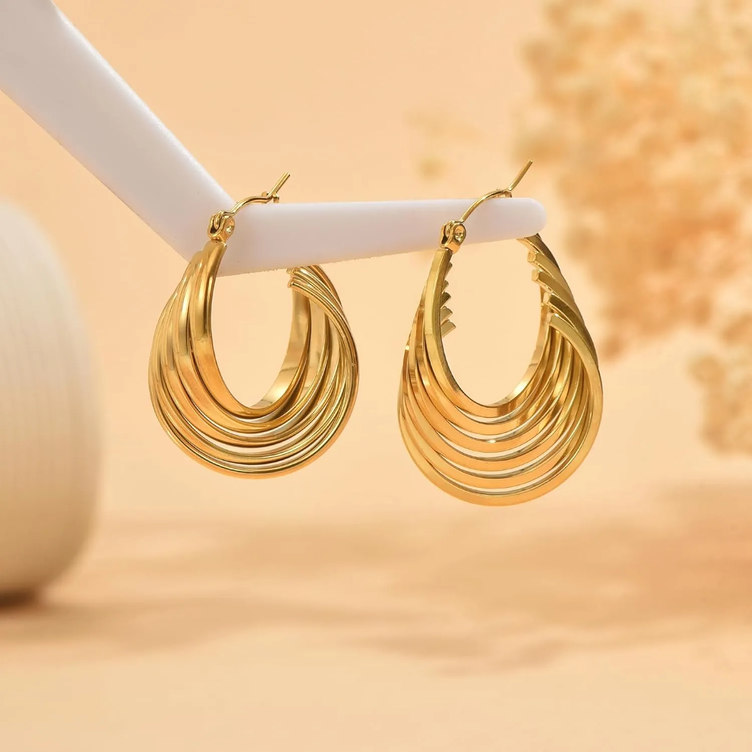 18K Gold Plated Chunky Geometric Irregular Hoop Earrings for Women Stainless Steel Vintage Twist Hoop Earrings Hypoallergenic Statement Dangle Earrings Jewelry