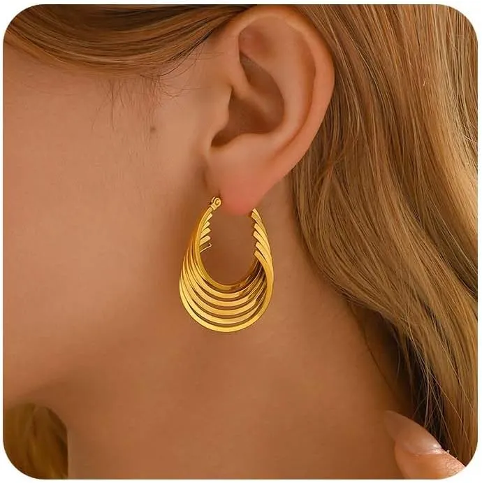18K Gold Plated Chunky Geometric Irregular Hoop Earrings for Women Stainless Steel Vintage Twist Hoop Earrings Hypoallergenic Statement Dangle Earrings Jewelry