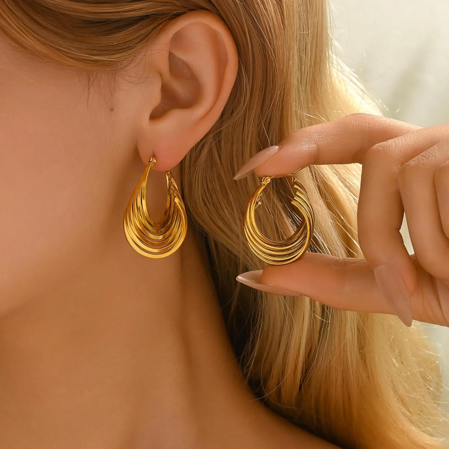 18K Gold Plated Chunky Geometric Irregular Hoop Earrings for Women Stainless Steel Vintage Twist Hoop Earrings Hypoallergenic Statement Dangle Earrings Jewelry