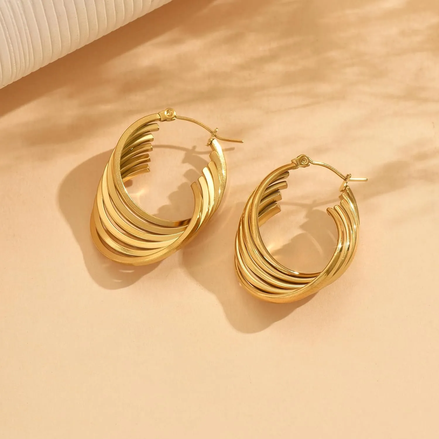 18K Gold Plated Chunky Geometric Irregular Hoop Earrings for Women Stainless Steel Vintage Twist Hoop Earrings Hypoallergenic Statement Dangle Earrings Jewelry