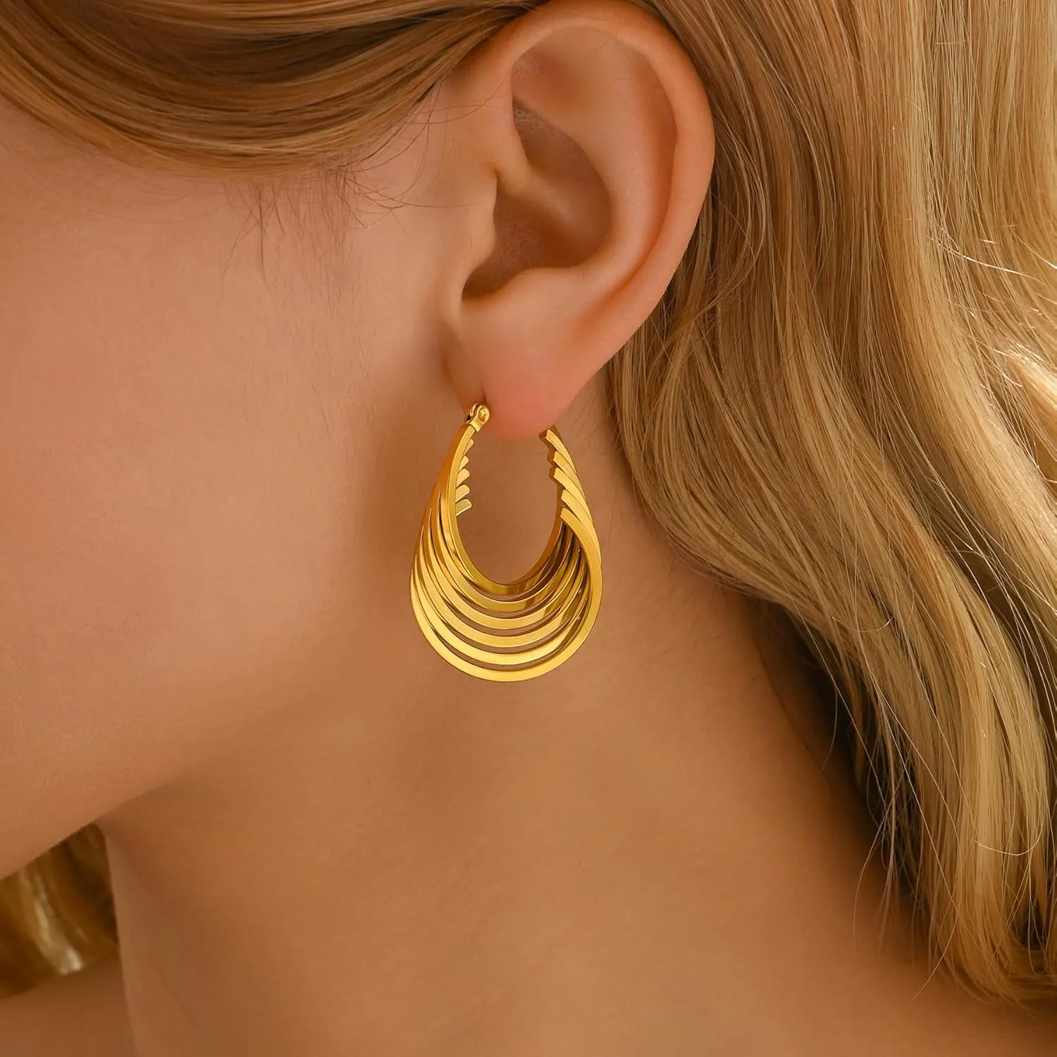 18K Gold Plated Chunky Geometric Irregular Hoop Earrings for Women Stainless Steel Vintage Twist Hoop Earrings Hypoallergenic Statement Dangle Earrings Jewelry