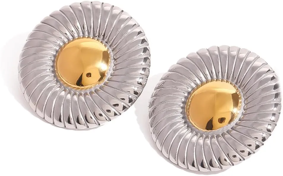 18k Gold Stainless Steel Two-tone Threaded Round Stud Earrings Pair | Classic Stud Earrings | Minimalist Jewelry for Women