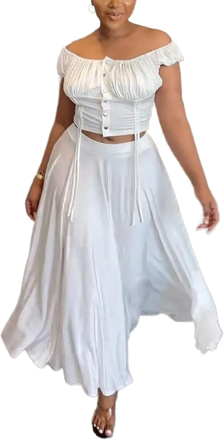 2 Piece Skirt Outfits for Women Sexy Off Shoulder Top Maxi Flowy A Line Skirts Casual Set