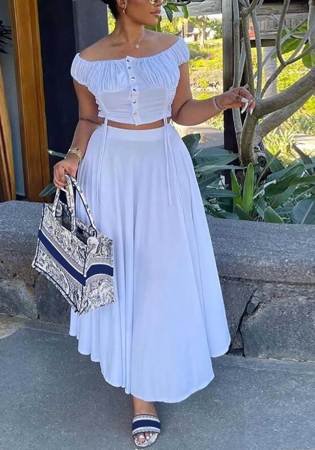 2 Piece Skirt Outfits for Women Sexy Off Shoulder Top Maxi Flowy A Line Skirts Casual Set
