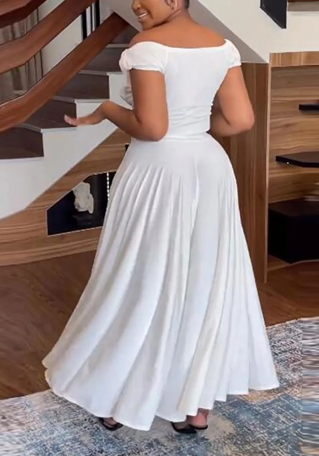 2 Piece Skirt Outfits for Women Sexy Off Shoulder Top Maxi Flowy A Line Skirts Casual Set