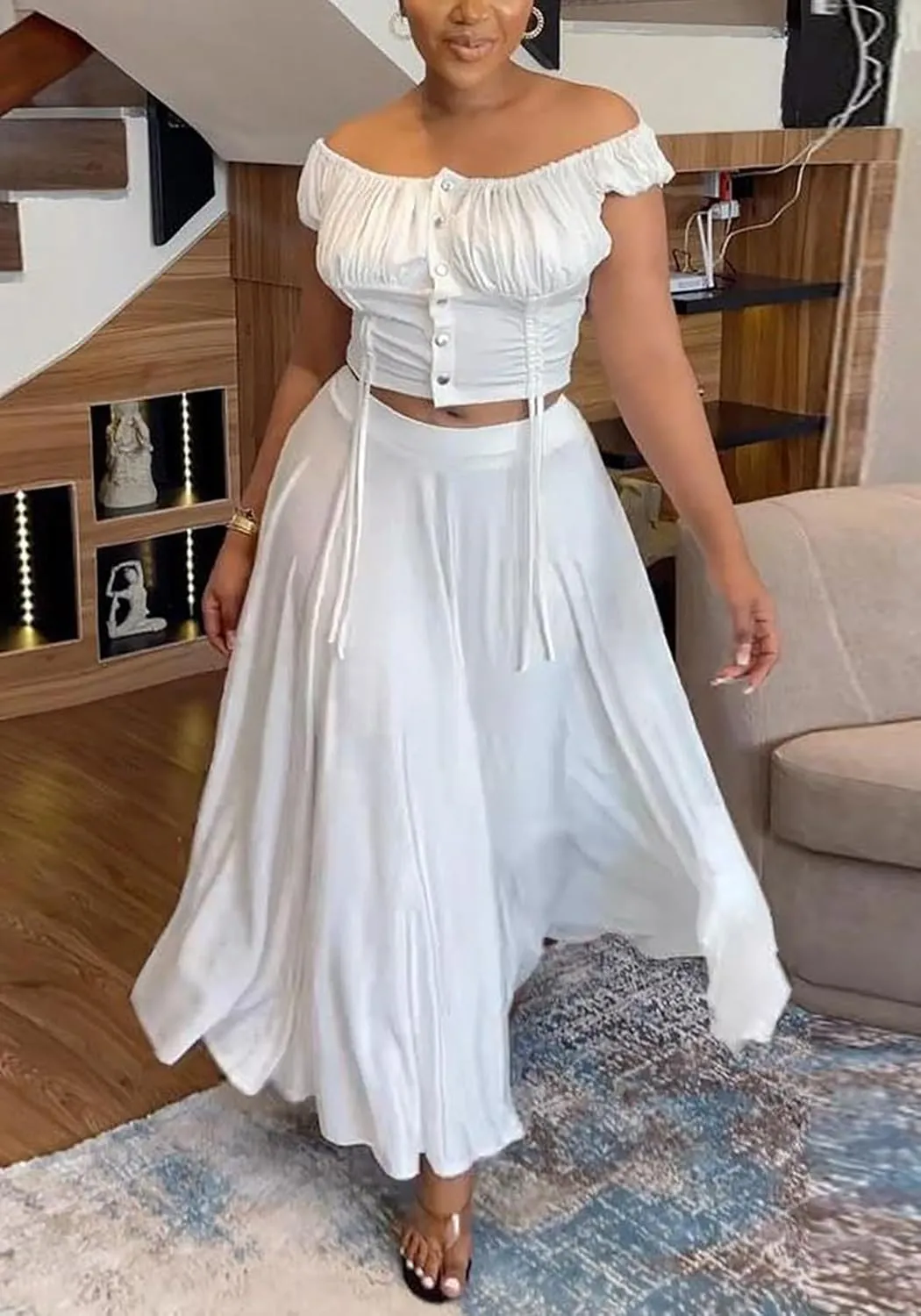 2 Piece Skirt Outfits for Women Sexy Off Shoulder Top Maxi Flowy A Line Skirts Casual Set