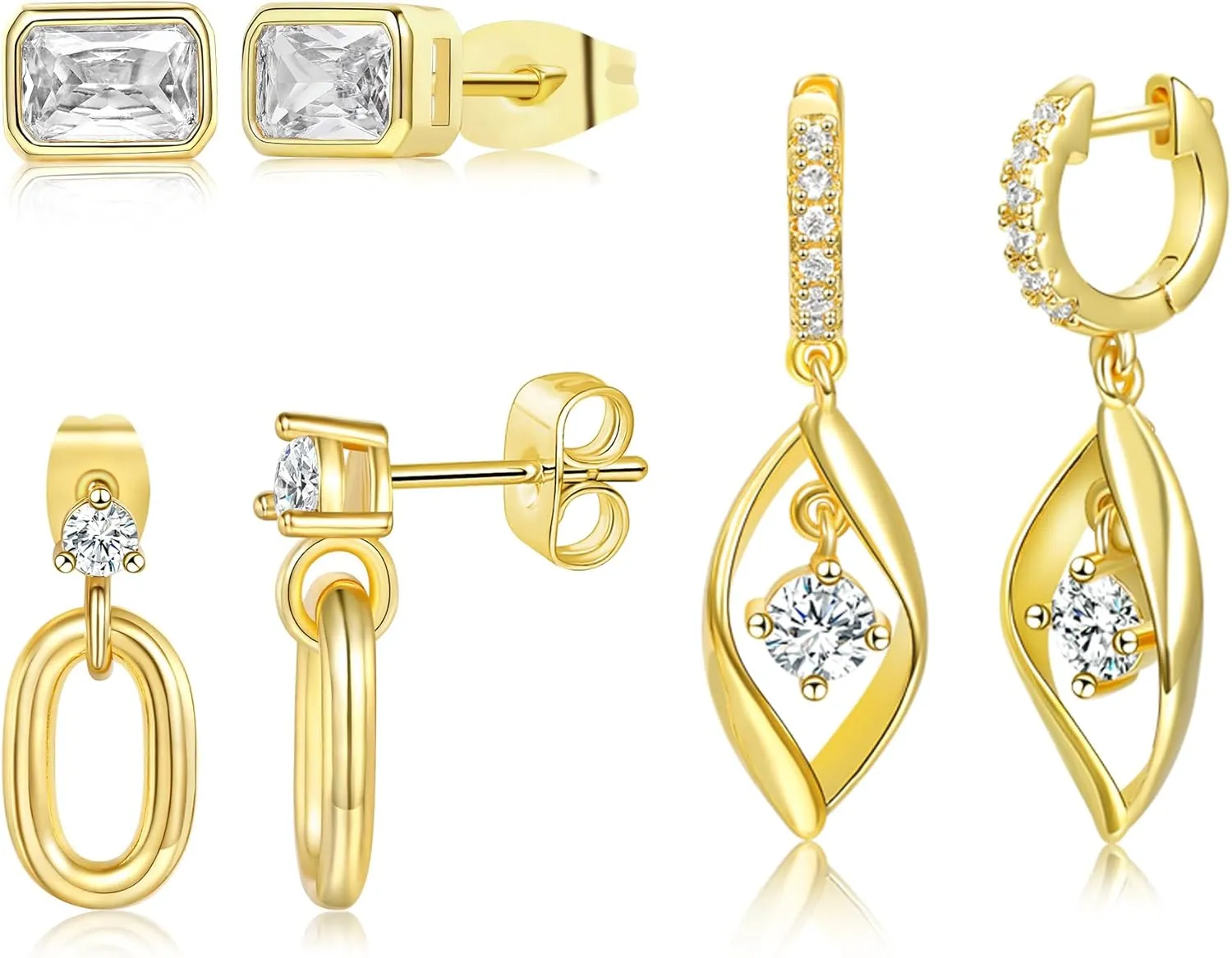 3 Pairs 14K Gold Plated Hoops Earrings Set Dainty Stud Earrings Trendy Cubic Zirconia Hypoallergenic Dangle Huggie Hoops Earrings for Women