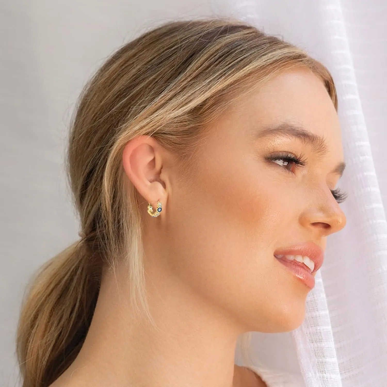 3 Pairs 14K Gold Plated Huggie Hoop Earrings for Women Hypoallergenic Dainty Evil Eye Multi-colors Cubic Zirconia Hoop Earrings Set Lightweight Small Tiny Hoops Jewelry