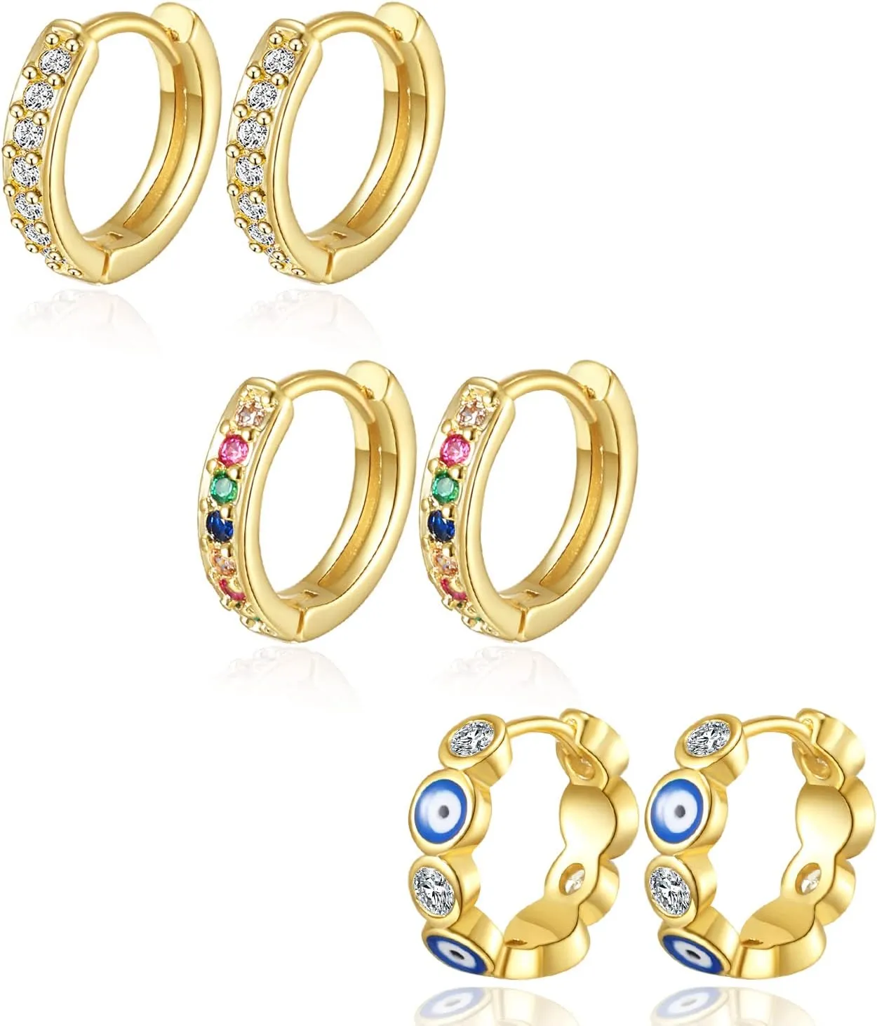 3 Pairs 14K Gold Plated Huggie Hoop Earrings for Women Hypoallergenic Dainty Evil Eye Multi-colors Cubic Zirconia Hoop Earrings Set Lightweight Small Tiny Hoops Jewelry