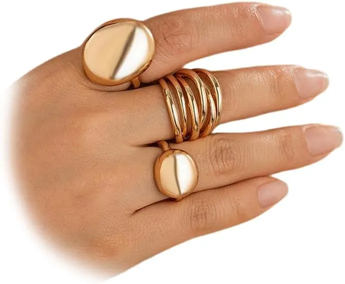 3Pcs Chunky Gold Rings Set Stackable for Women, Statement Silver Round Ball Dome Polished Bold Thick Open Ring Stacked Minimalist Party Prom Jewelry Gift