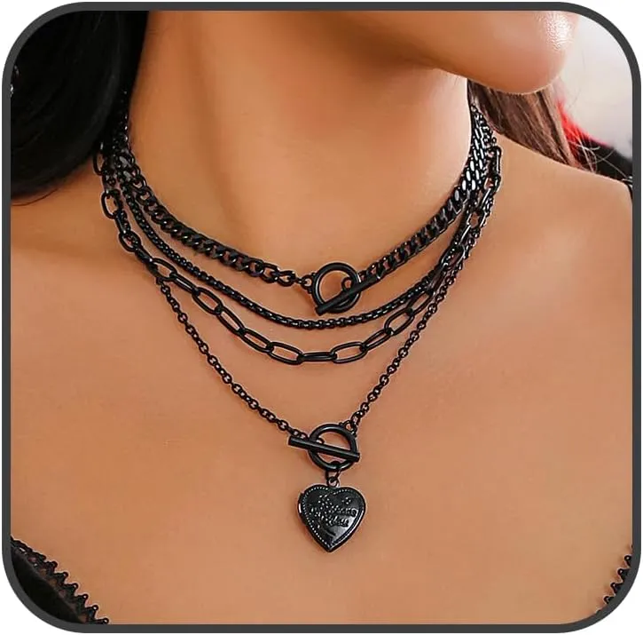 4pcs Black Layered Necklace for Women Statement Gold Trendy Heart Pendant Retro Star Pendant Necklace Dainty Layering Link Chain Choker Cuban Multilayer Bar Clasp Necklaces Pendant Toggle Clasp Necklace Dark Style Halloween Accessories