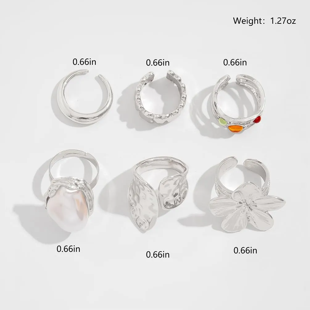 6Pcs Gold Flower Crystal Chunky Knuckle Rings Stacked for Women, Statement Stack Zirconia Hammered Geometry Irregular Baroque Pearl Open Ring Jewelry Gift