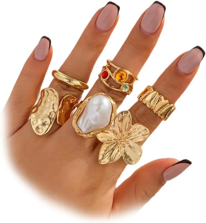 6Pcs Gold Flower Crystal Chunky Knuckle Rings Stacked for Women, Statement Stack Zirconia Hammered Geometry Irregular Baroque Pearl Open Ring Jewelry Gift