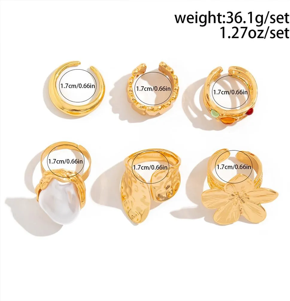 6Pcs Gold Flower Crystal Chunky Knuckle Rings Stacked for Women, Statement Stack Zirconia Hammered Geometry Irregular Baroque Pearl Open Ring Jewelry Gift