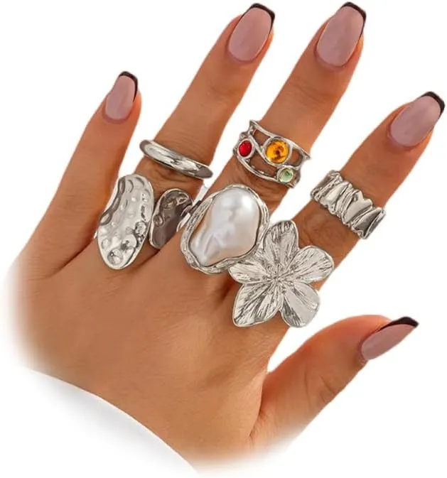 6Pcs Gold Flower Crystal Chunky Knuckle Rings Stacked for Women, Statement Stack Zirconia Hammered Geometry Irregular Baroque Pearl Open Ring Jewelry Gift