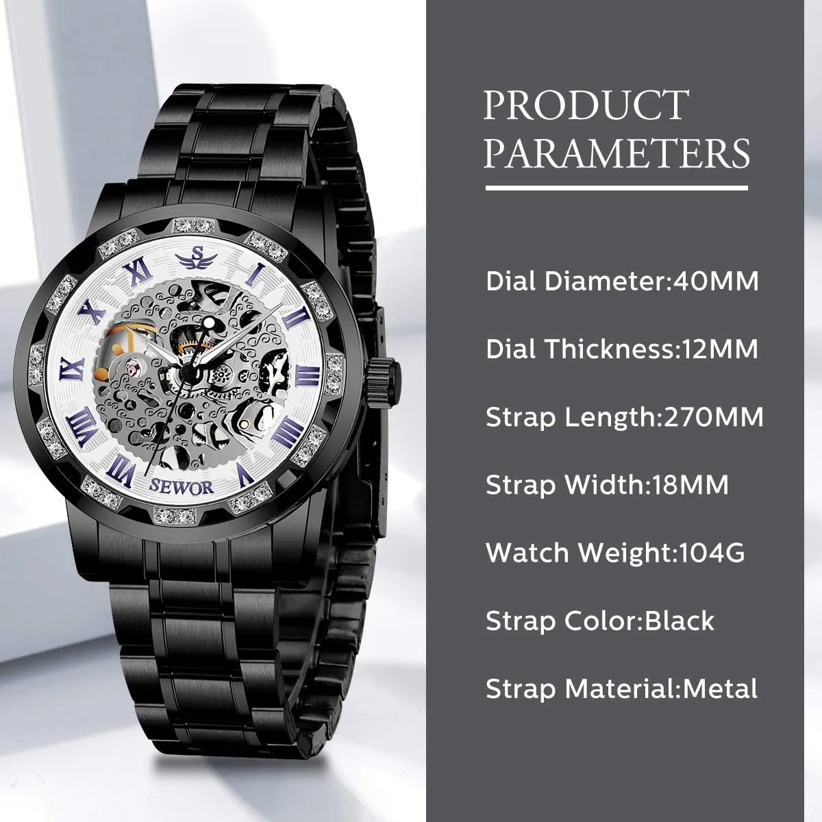 A ALPS Watches, Men's Watches Mechanical Hand-Winding Skeleton Classic Business Fashion Stainless Steel Steampunk Dress Watch