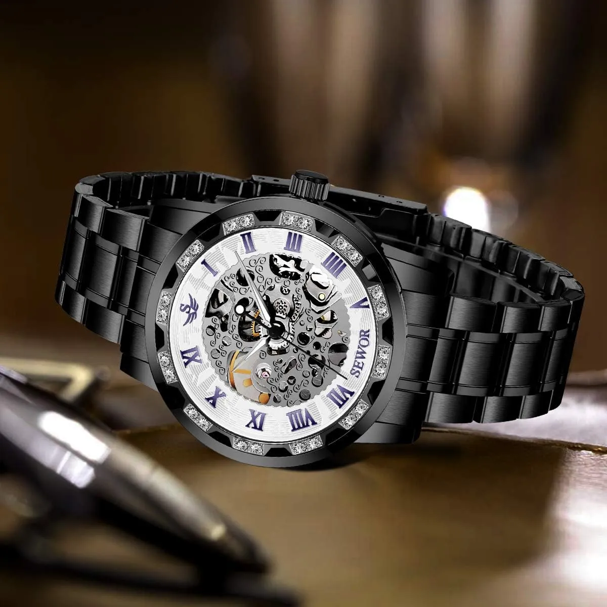 A ALPS Watches, Men's Watches Mechanical Hand-Winding Skeleton Classic Business Fashion Stainless Steel Steampunk Dress Watch