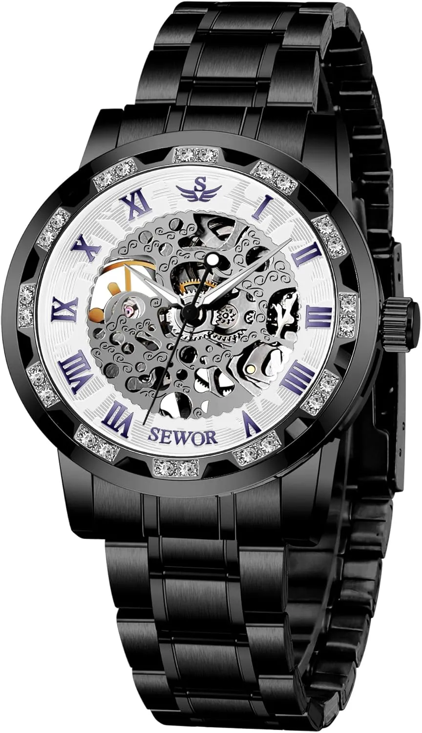 A ALPS Watches, Men's Watches Mechanical Hand-Winding Skeleton Classic Business Fashion Stainless Steel Steampunk Dress Watch