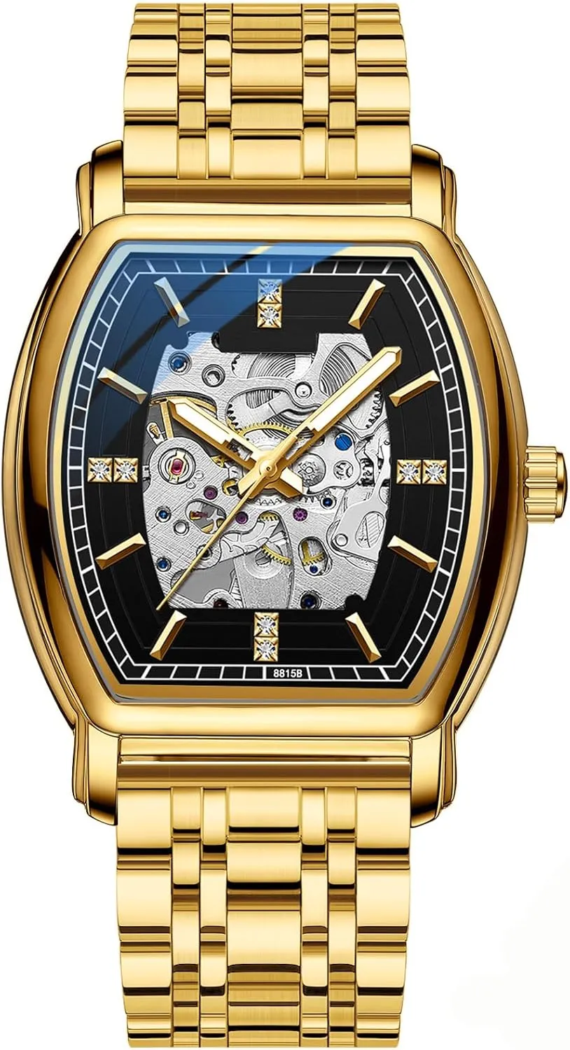 ADSBIAOYE Men's Mechanical Watch Barrel Type Hollow-Out Watches Skeleton Wristwatch Luminous Waterproof Black Leather Stainless Steel Automatic Watches