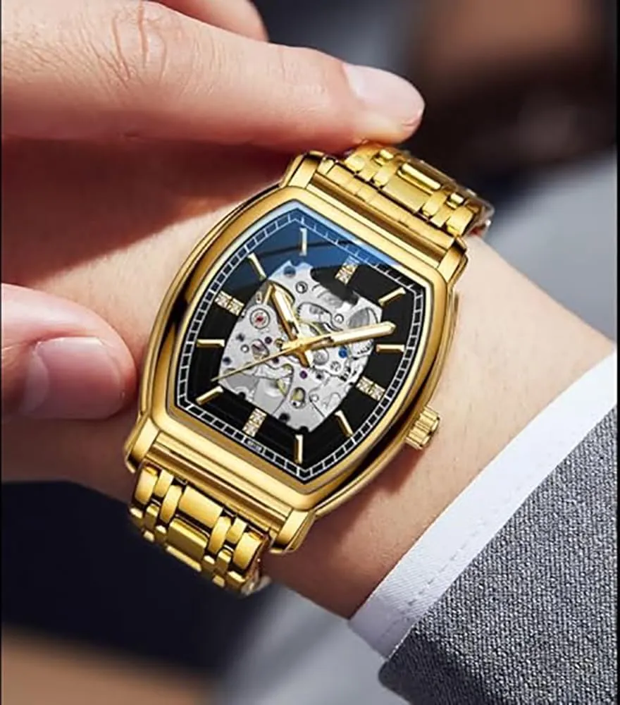 ADSBIAOYE Men's Mechanical Watch Barrel Type Hollow-Out Watches Skeleton Wristwatch Luminous Waterproof Black Leather Stainless Steel Automatic Watches
