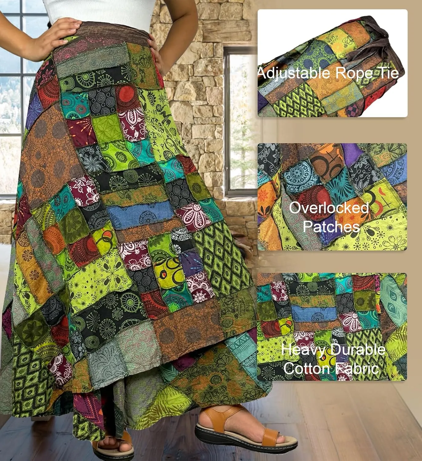 Agan Traders Womens 2025 Summer Boho Maxi Skirt for Fall Patched Tie Up High Waisted Long Skirt Bohemian Wrap Cover Up