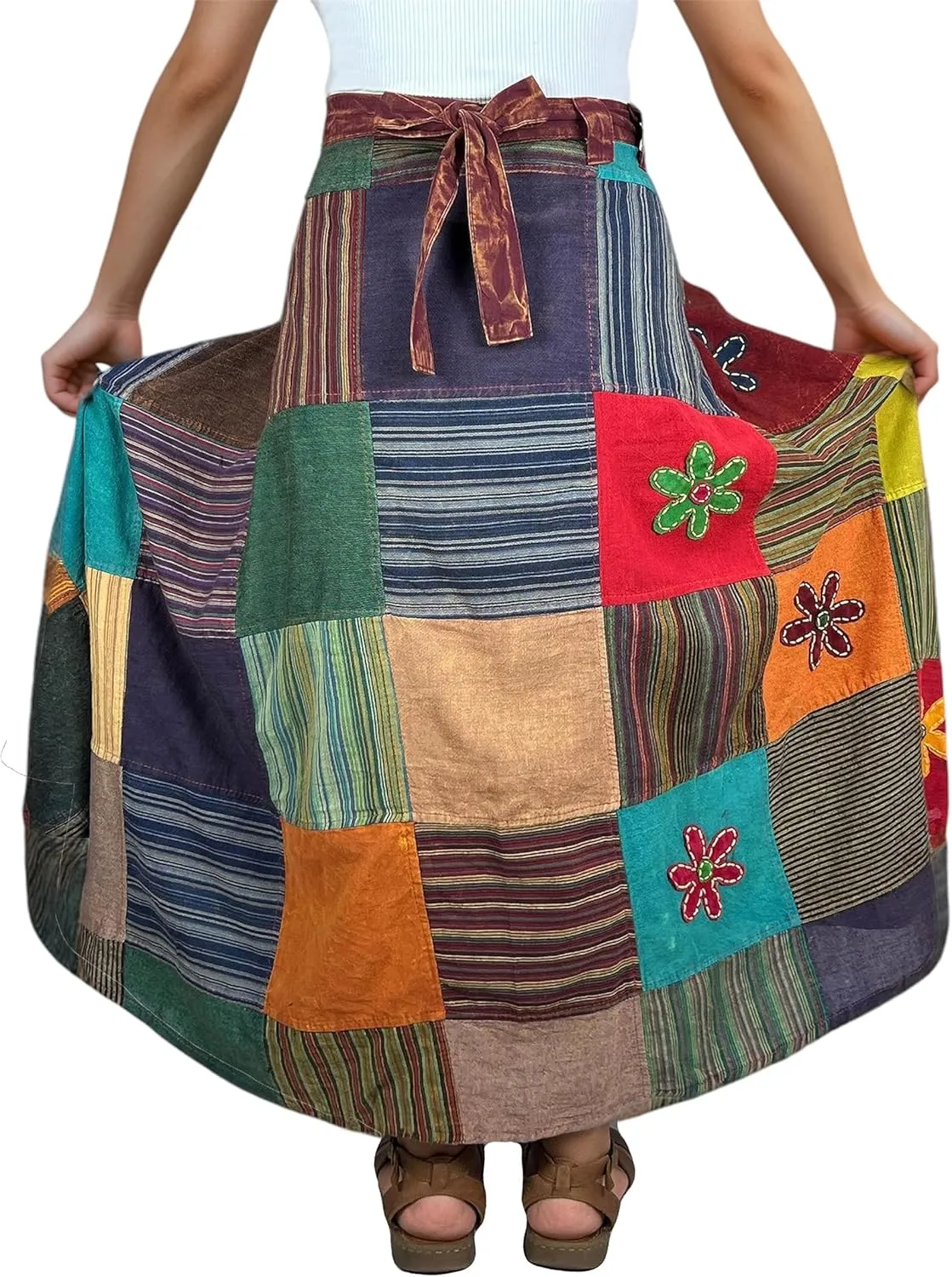 Agan Traders Womens 2025 Summer Boho Maxi Skirt for Fall Patched Tie Up High Waisted Long Skirt Bohemian Wrap Cover Up