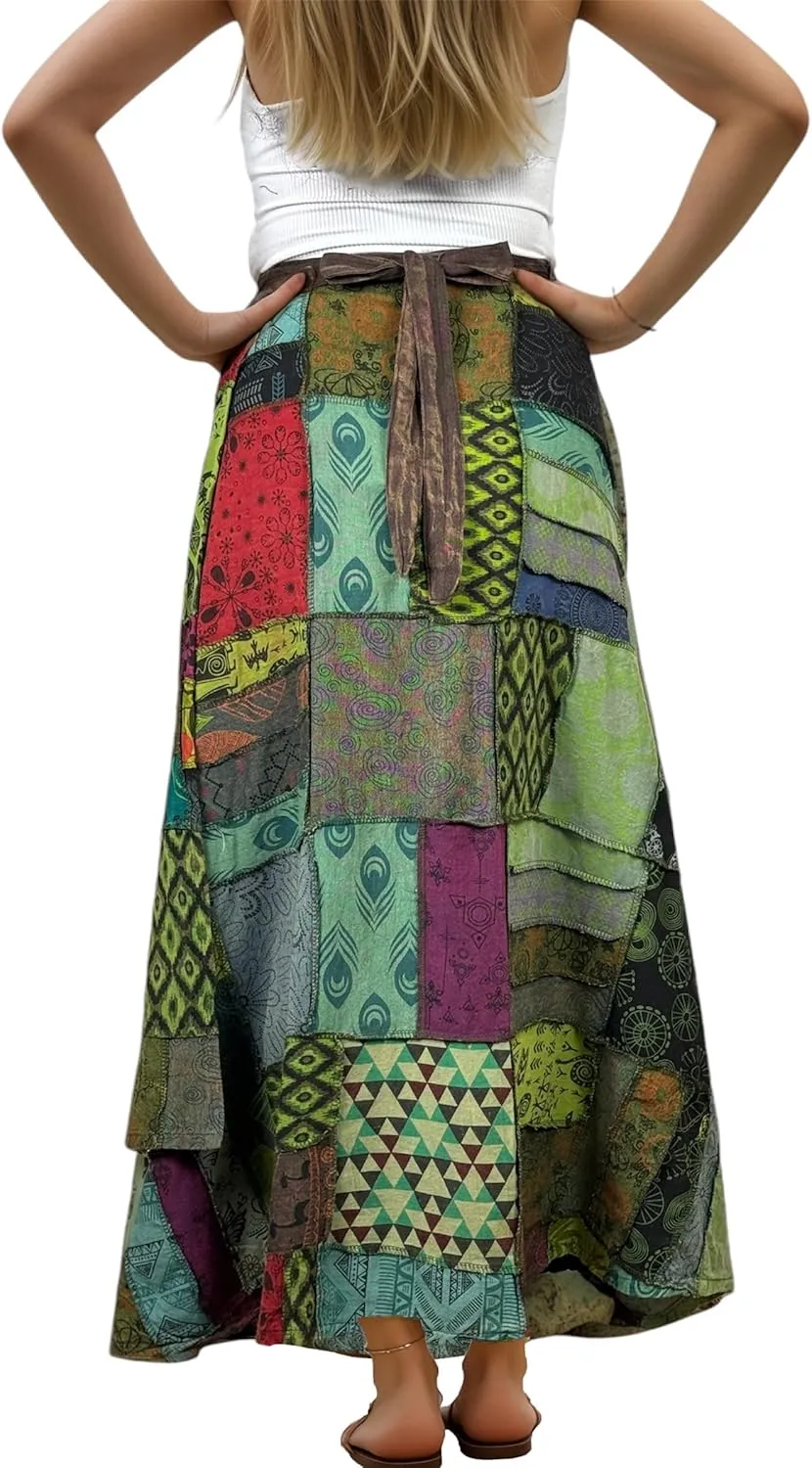 Agan Traders Womens 2025 Summer Boho Maxi Skirt for Fall Patched Tie Up High Waisted Long Skirt Bohemian Wrap Cover Up