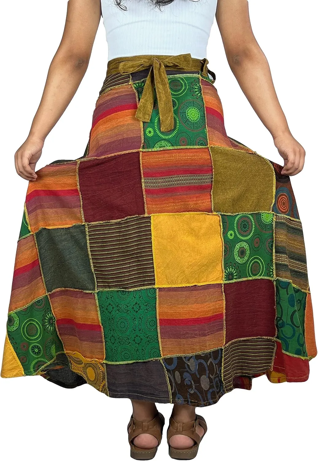 Agan Traders Womens 2025 Summer Boho Maxi Skirt for Fall Patched Tie Up High Waisted Long Skirt Bohemian Wrap Cover Up