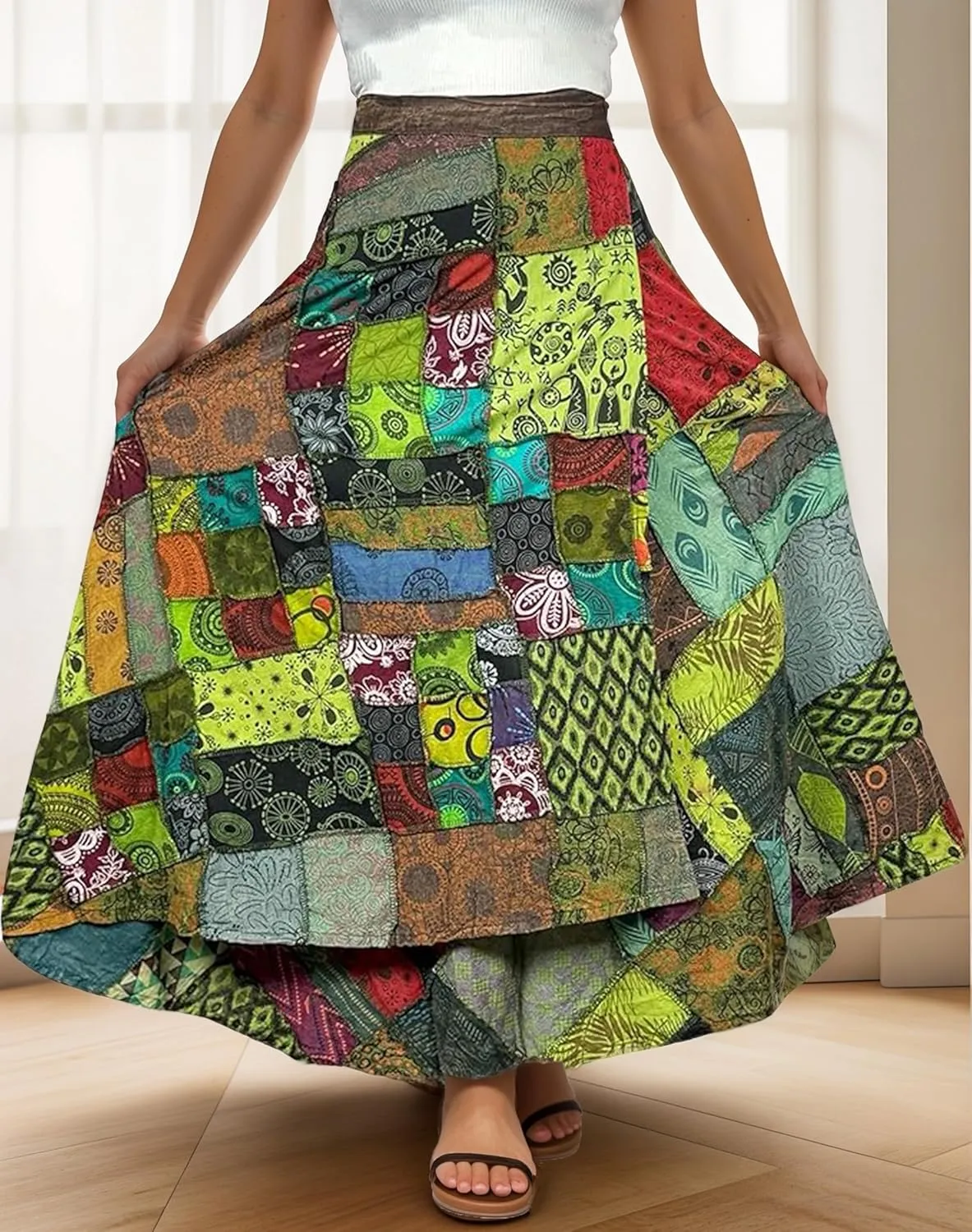 Agan Traders Womens 2025 Summer Boho Maxi Skirt for Fall Patched Tie Up High Waisted Long Skirt Bohemian Wrap Cover Up