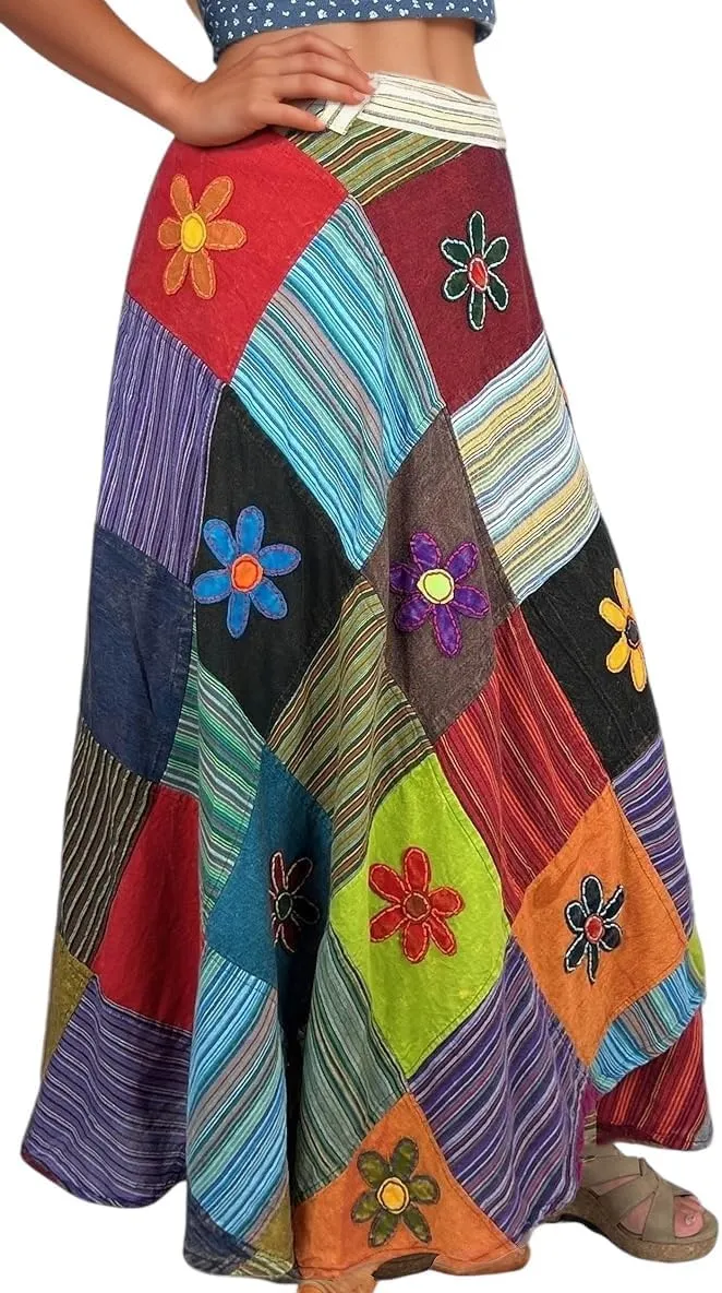 Agan Traders Womens 2025 Summer Boho Maxi Skirt for Fall Patched Tie Up High Waisted Long Skirt Bohemian Wrap Cover Up