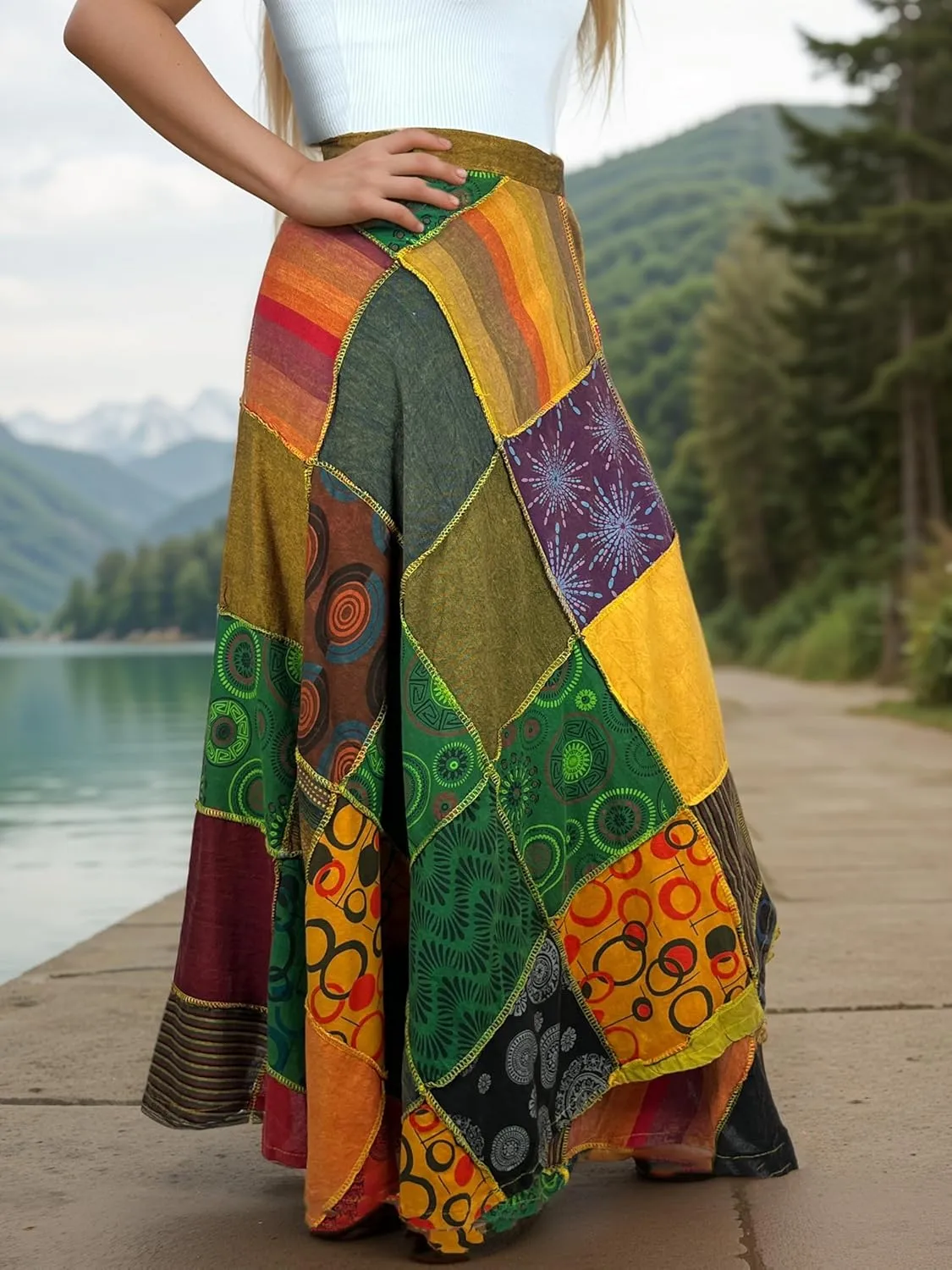 Agan Traders Womens 2025 Summer Boho Maxi Skirt for Fall Patched Tie Up High Waisted Long Skirt Bohemian Wrap Cover Up