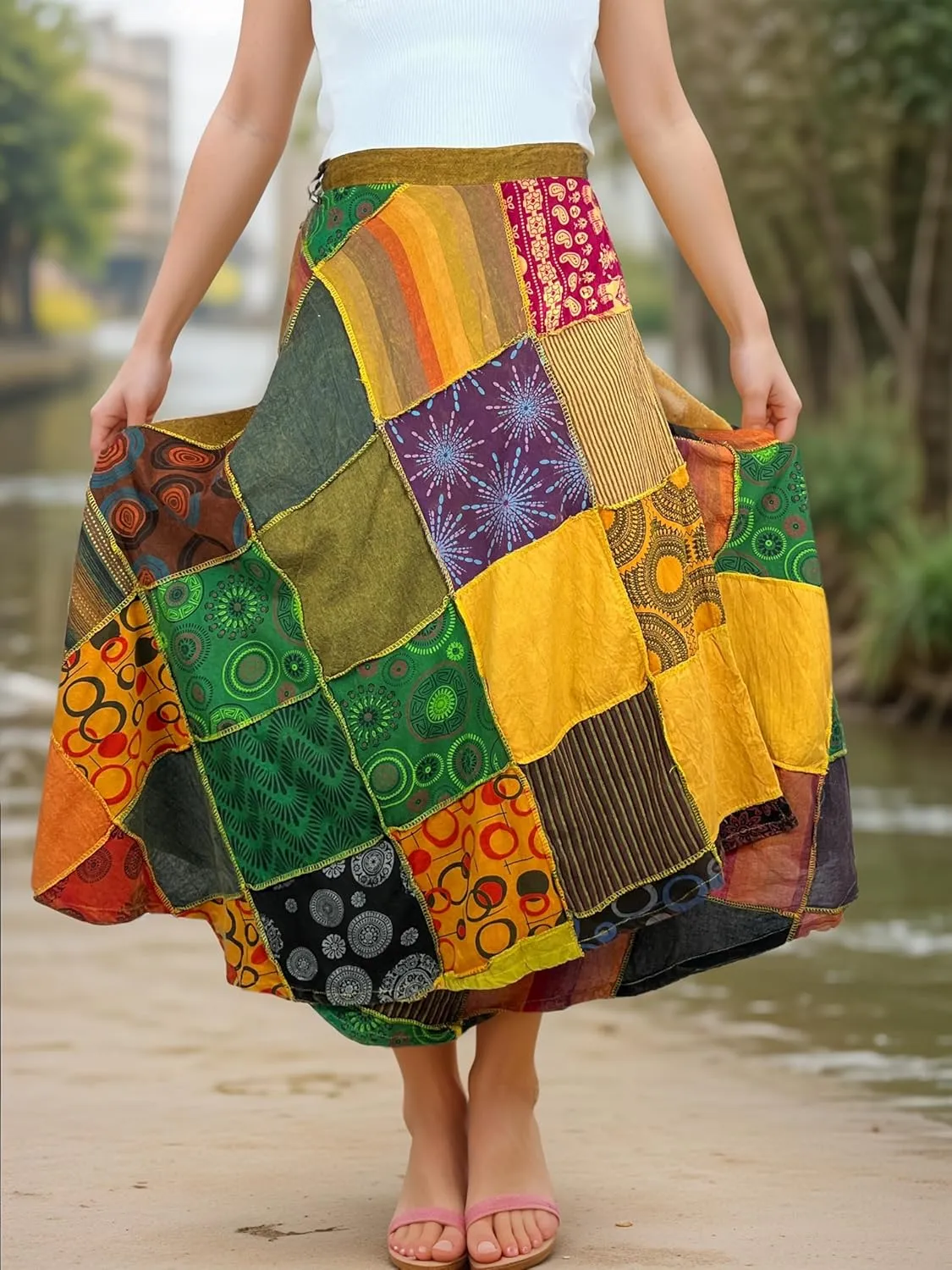 Agan Traders Womens 2025 Summer Boho Maxi Skirt for Fall Patched Tie Up High Waisted Long Skirt Bohemian Wrap Cover Up