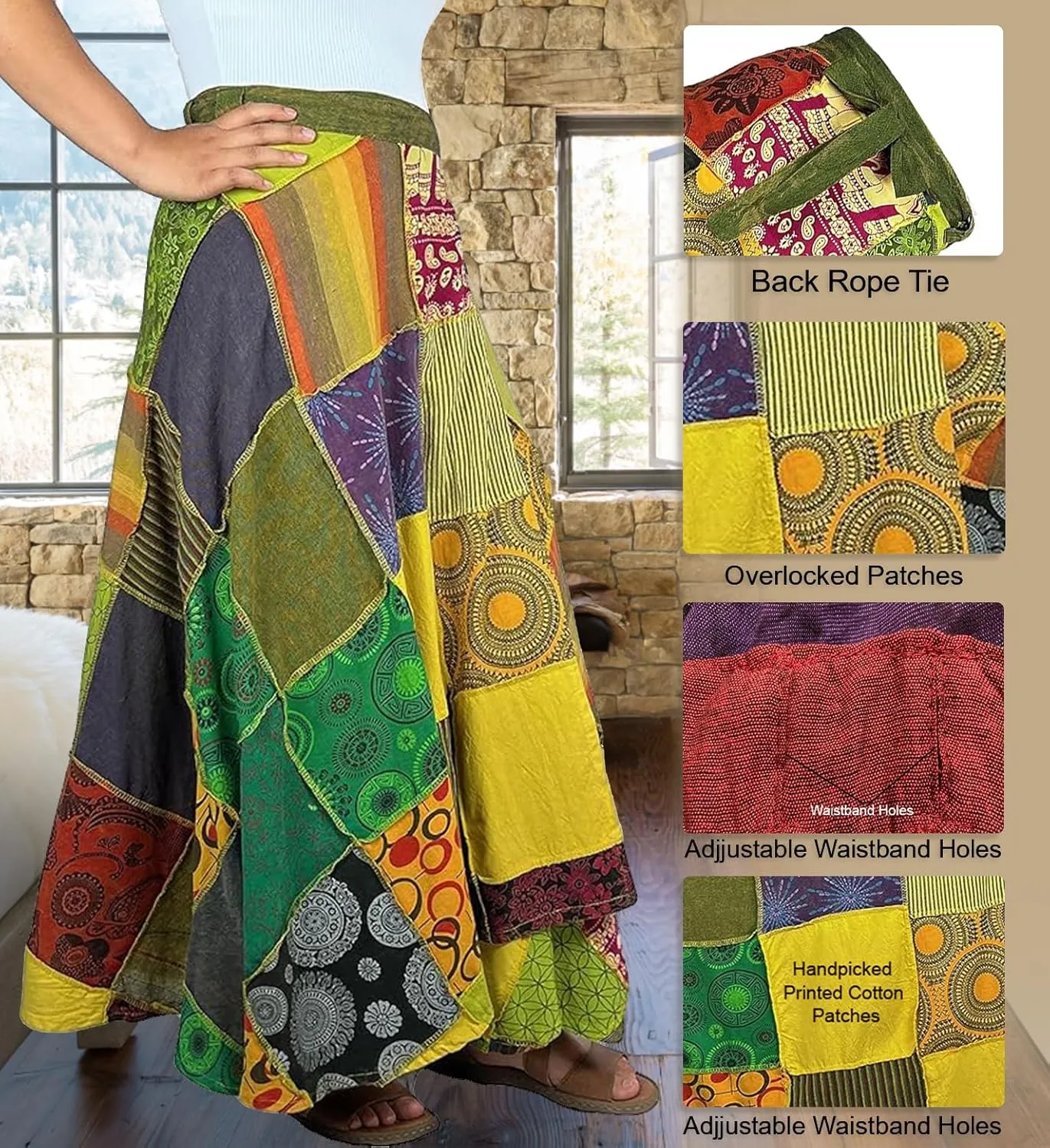 Agan Traders Womens 2025 Summer Boho Maxi Skirt for Fall Patched Tie Up High Waisted Long Skirt Bohemian Wrap Cover Up