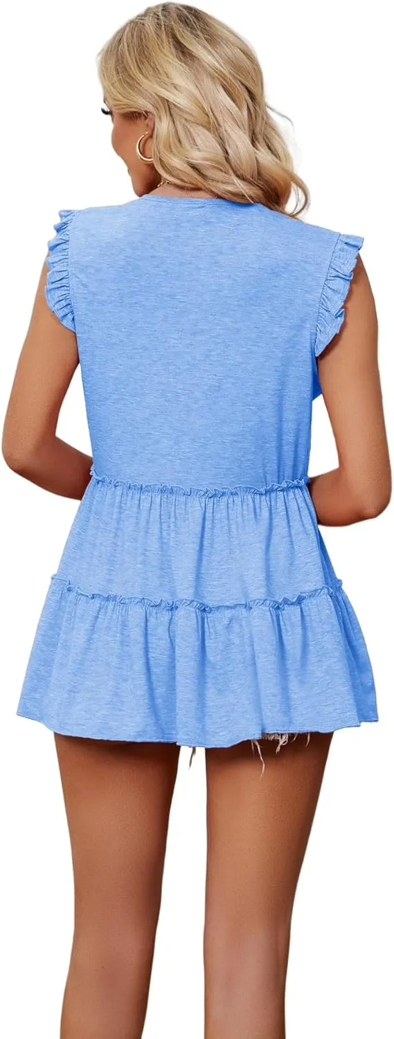 AGSEEM Womens Babydoll Tank Tops V Neck Ruffle Sleeve Pleated Peplum Shirts Summer