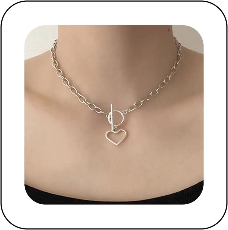 Andelaisi Heart Toggle Necklaces Choker Chunky Link Necklace Heart Pendant Necklace Chain Toggle Bar Clasp Chain Necklace Punk Goth Chain Necklaces for Women