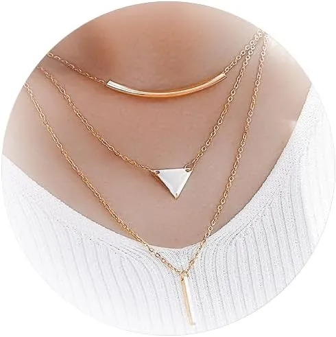 Aonklot Gold Layered Necklaces for Women Vintage Triangle Pendant Necklace Dainty Horizontal Bar Necklace Jewelry