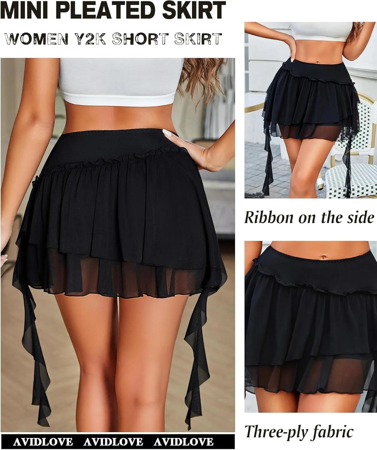 Avidlove Women's Pleated Mini Skirt Mesh Layered Ruffled Skirt Casual Ruffles Flowy Hem S-XXL