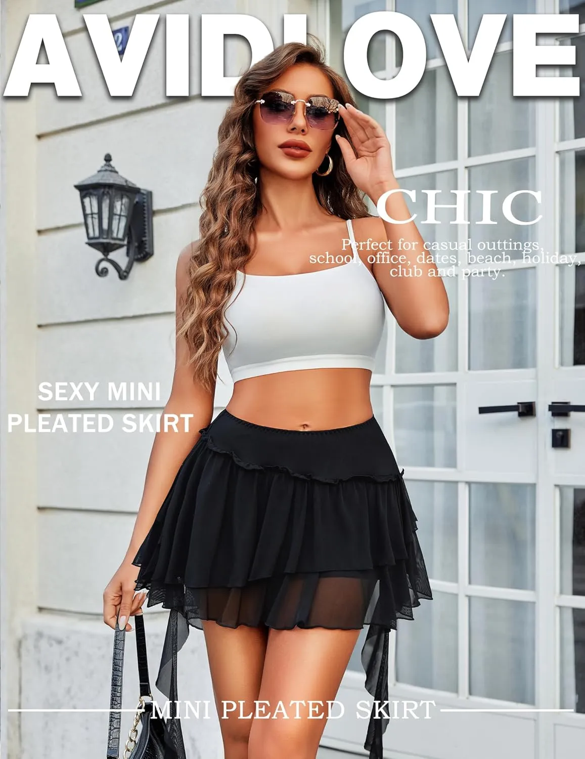Avidlove Women's Pleated Mini Skirt Mesh Layered Ruffled Skirt Casual Ruffles Flowy Hem S-XXL