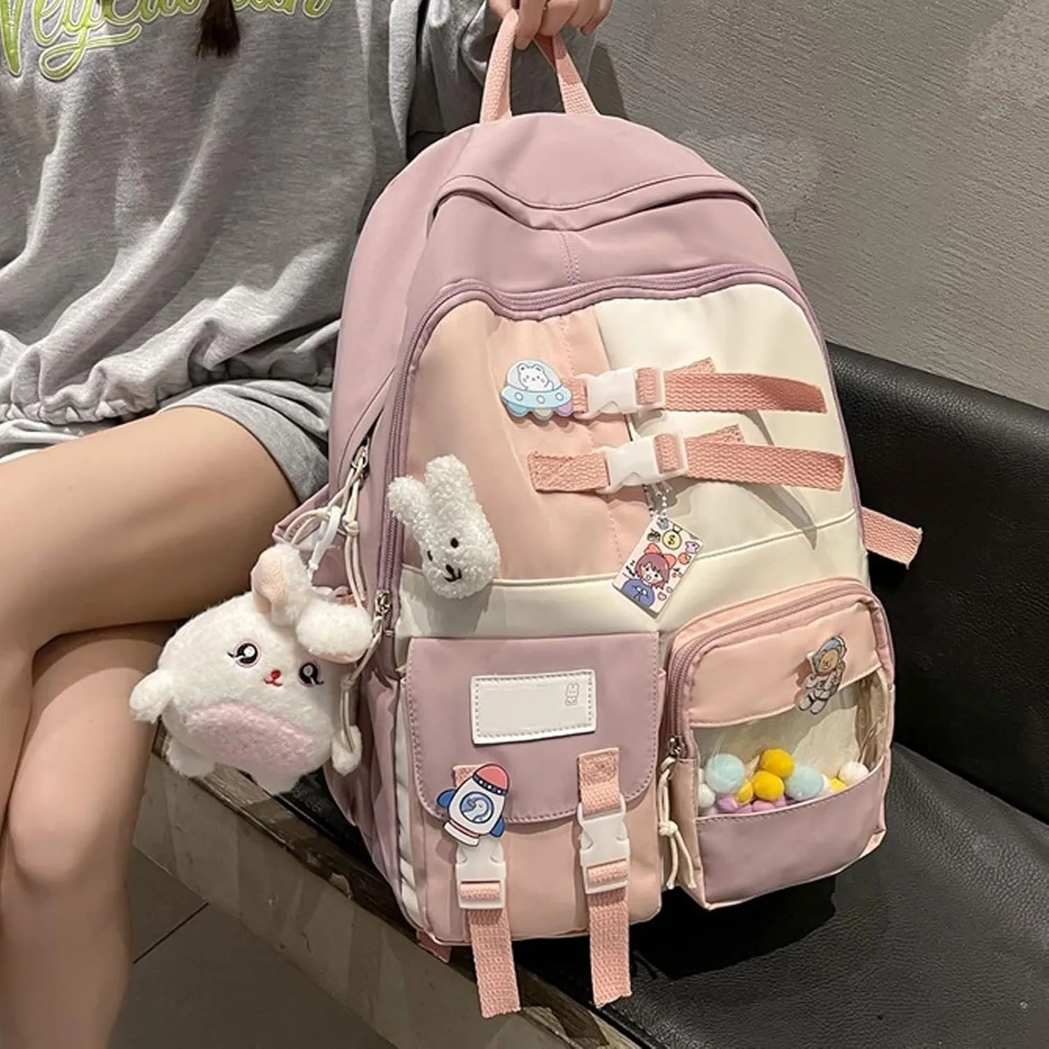 Backpack for women Waterproof Nylon Cute Travel Laptop Practical Wearable Portable Lightweight Urban (Pink-Without pendant)