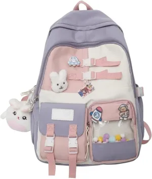 Backpack for women Waterproof Nylon Cute Travel Laptop Practical Wearable Portable Lightweight Urban (Purple-With pendant)