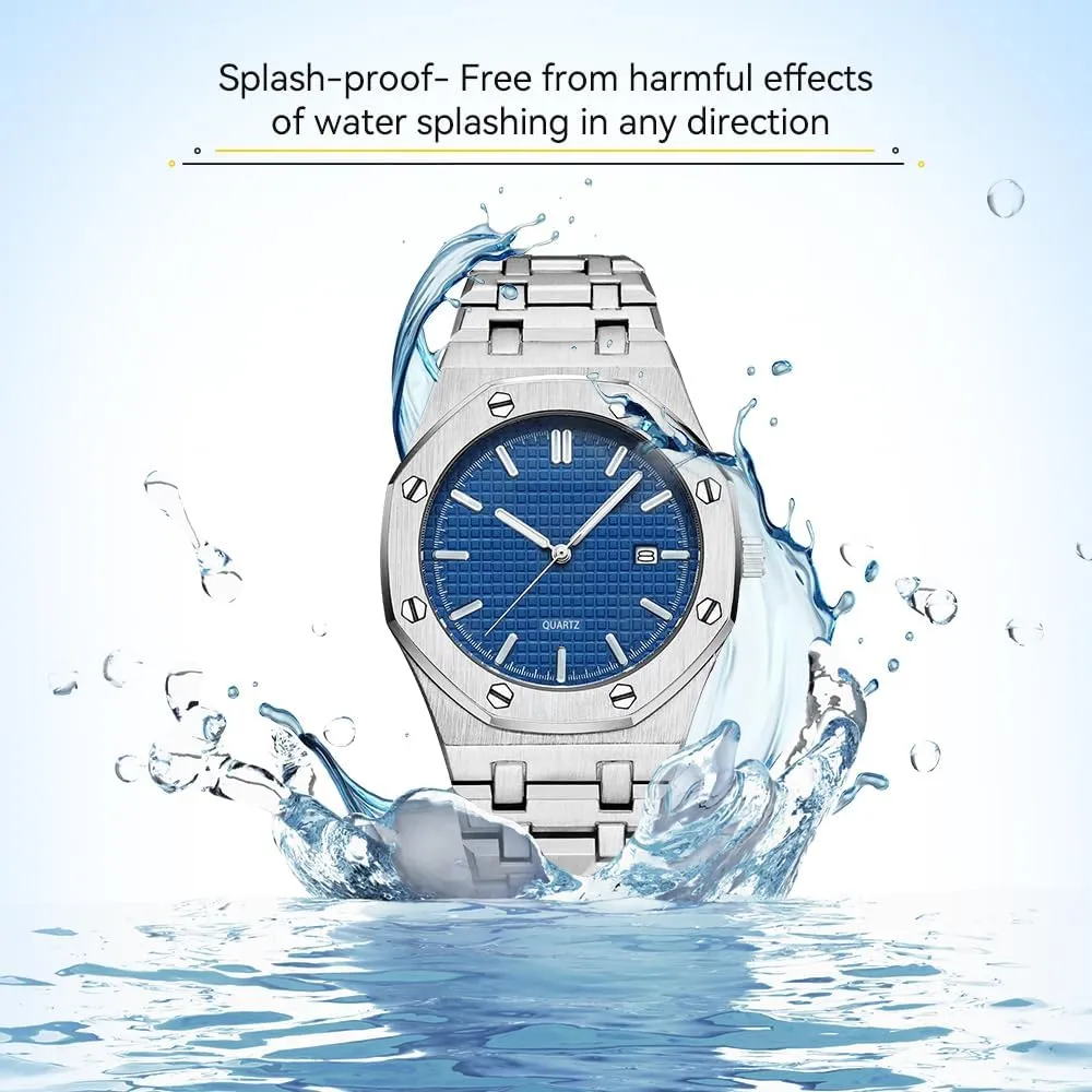 BARAMON Men's Watches, Royalty Stainless Steel Quartz Movement Date Male Clock Waterproof Luminous Hands Casual Business Wrist Watches for Men