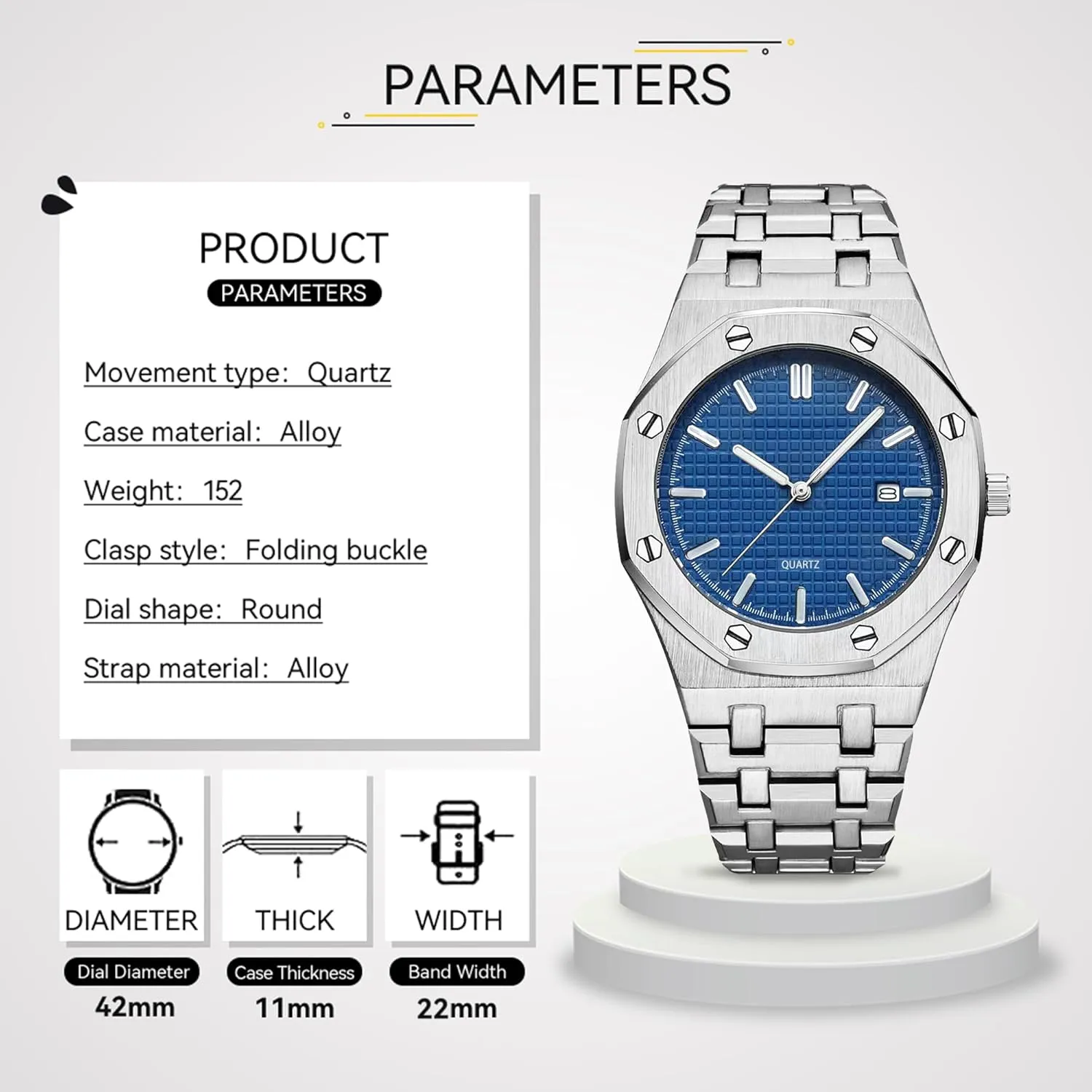 BARAMON Men's Watches, Royalty Stainless Steel Quartz Movement Date Male Clock Waterproof Luminous Hands Casual Business Wrist Watches for Men